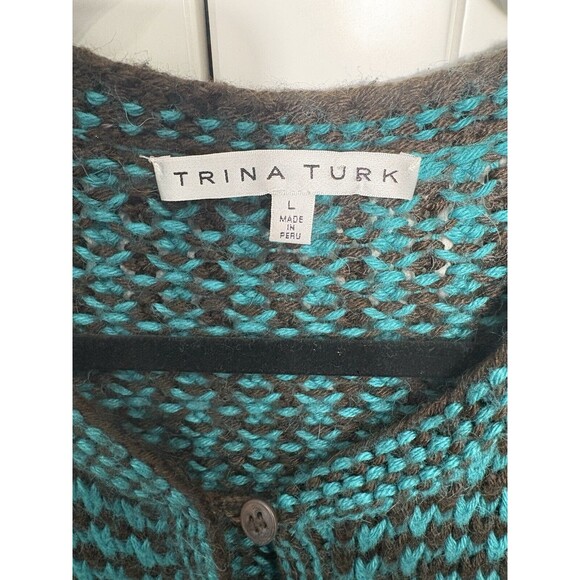 Trina Turk Alpaca Blend Open Knit Cardigan Green/Black Size Large Buttons Cozy - Picture 2 of 5